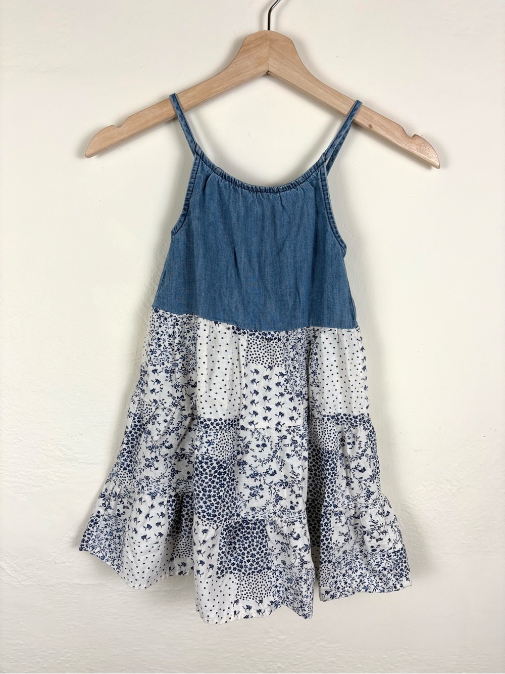 OshKosh B’gosh Girls Size 5 Denim Top Patchwork Floral Tiered Sundress Boho